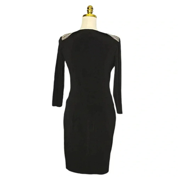 CACHE | Black Faux Wrap Shoulder Embedded Ruched Cocktail Mini Dress Size S - Picture 7 of 10